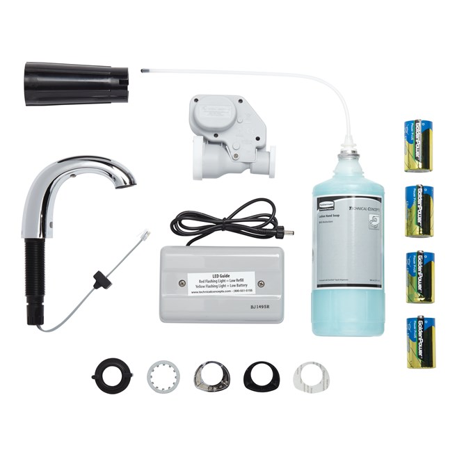 The OneShot® Lotion System sets the standard for quality and reliability in counter-mounted soap dispensing. Low Profile Starter Kit includes Chrome Liquid Dispenser, 800 ml Liquid Hand Wash Refill and 4 D Batteries.
