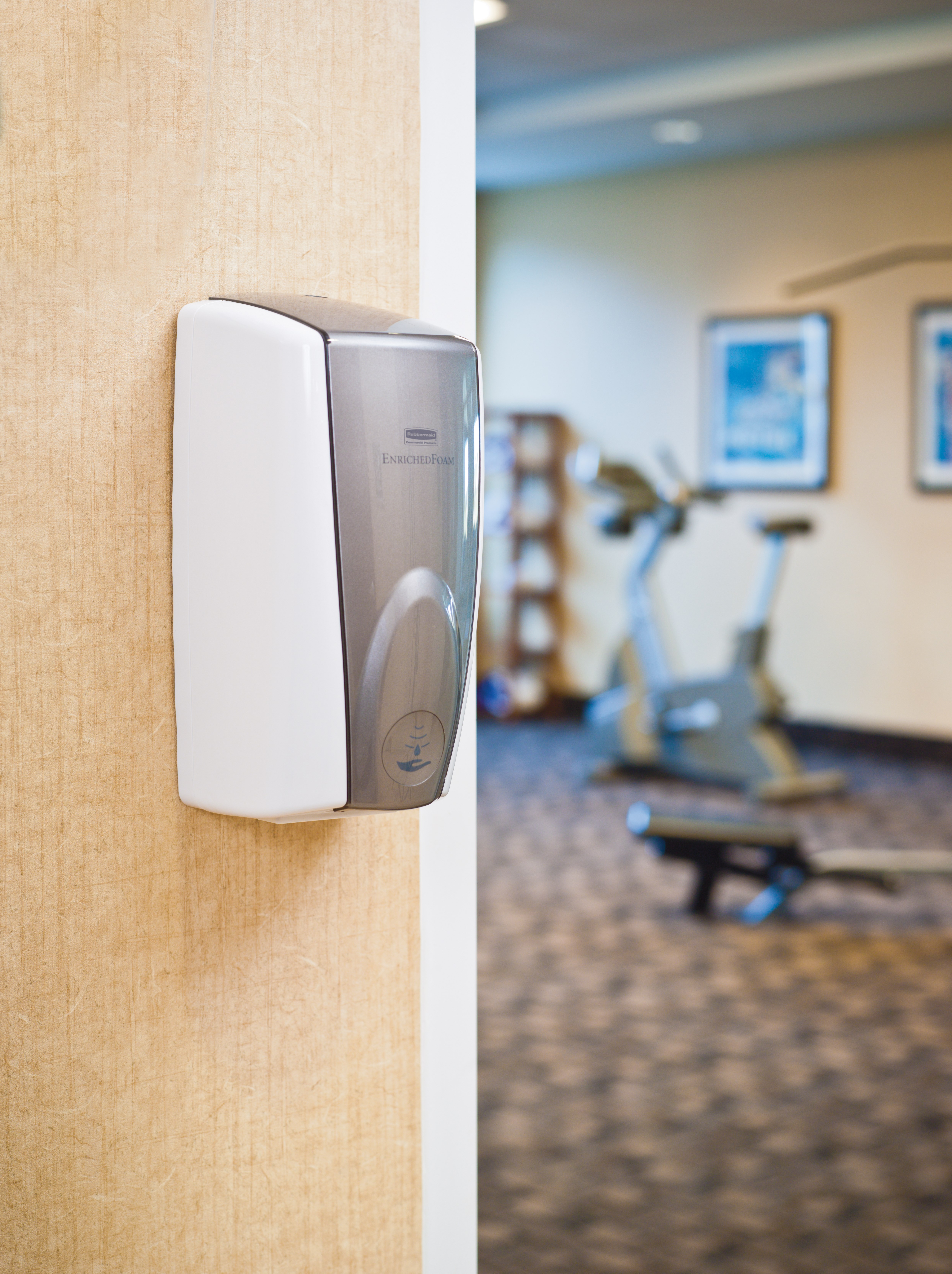 The AutoFoam Dispenser is a touch-free, wall-mounted system that dispenses controlled amounts of foam soap or sanitizer automatically to help prevent the spread of germs.