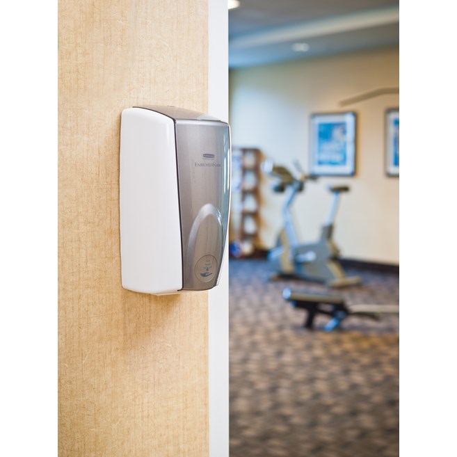 The AutoFoam Dispenser is a touch-free, wall-mounted system that dispenses controlled amounts of foam soap or sanitizer automatically to help prevent the spread of germs.