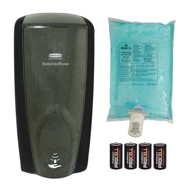 The AutoFoam Touch-Free Skin Care System provides the highest quality foam soap in an attractive touch-free dispenser that delivers superior cost savings. The AutoFoam Starter Kit includes: Black/Black Pearl Dispenser, Hand Wash Refill, 4 C batteries.
