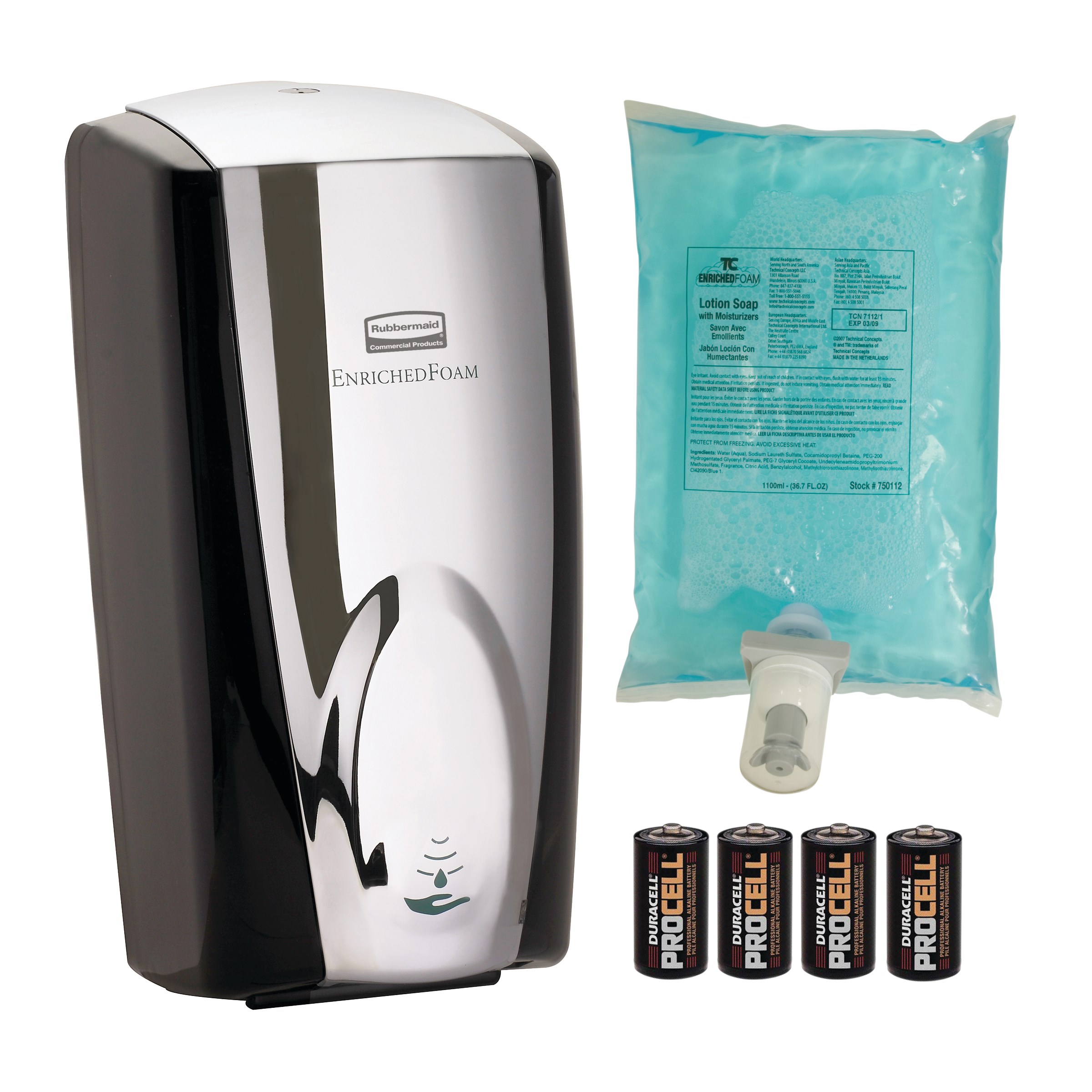 The AutoFoam Touch-Free Skin Care System provides the highest quality foam soap in an attractive touch-free dispenser that delivers superior cost savings. The AutoFoam Starter Kit includes: Black/Chrome Dispenser, Hand Wash Refill, 4 C batteries.