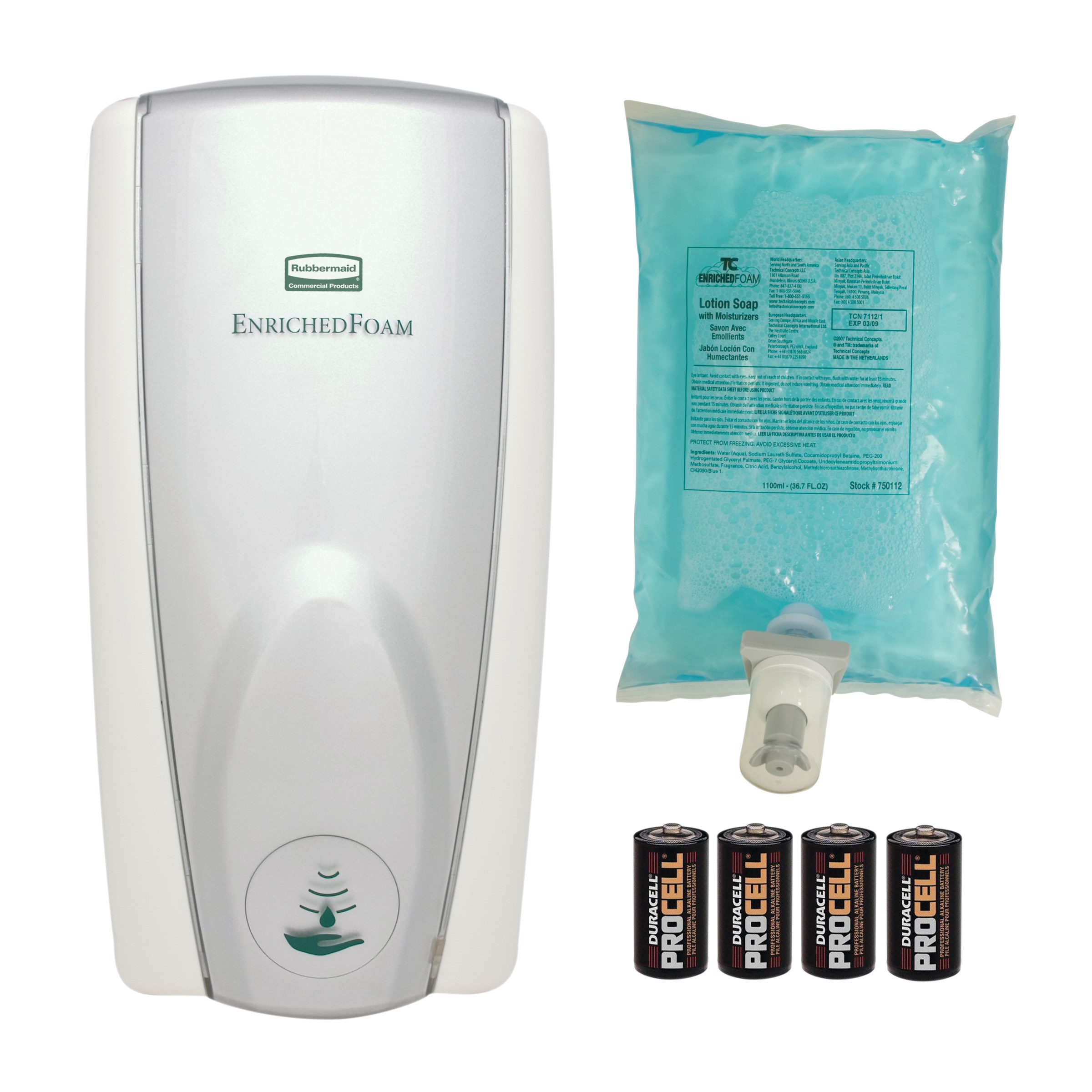 The AutoFoam Touch-Free Skin Care System provides the highest quality foam soap in an attractive touch-free dispenser that delivers superior cost savings. The AutoFoam Starter Kit includes: White/Grey Pearl Dispenser, Hand Wash Refill, 4 C batteries.