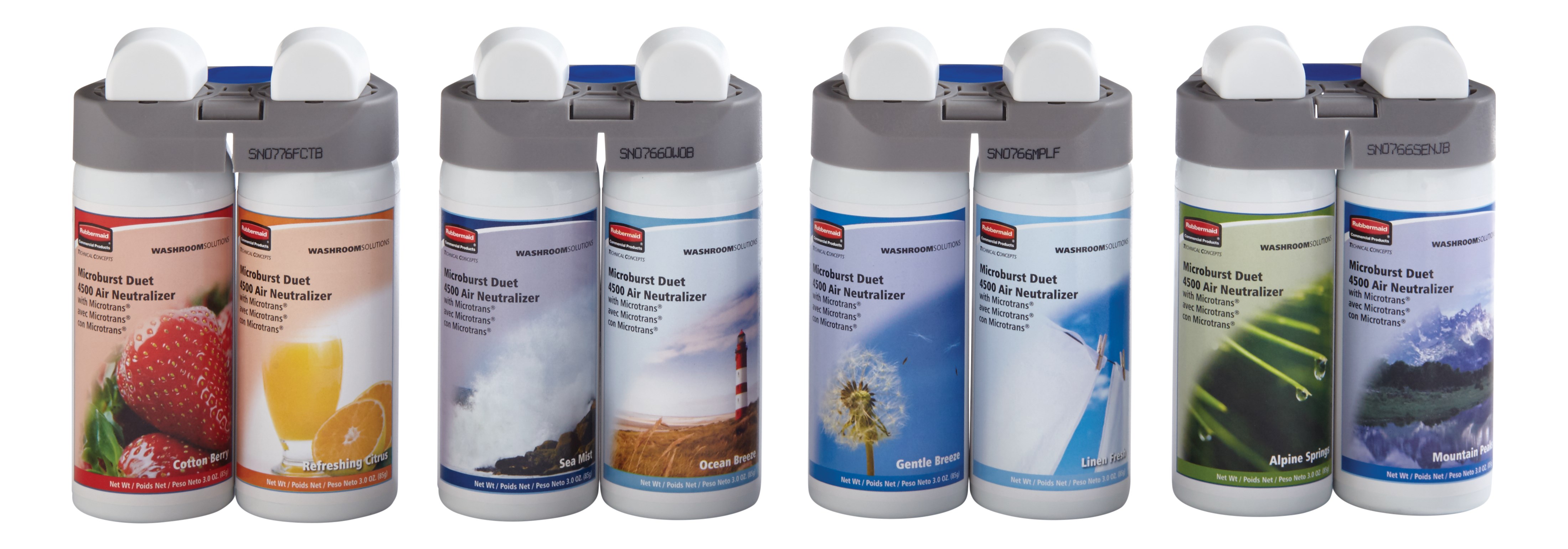 The Rubbermaid Commercial Microburst® Duet refills feature a unique combination of specially selected, high quality, complementary fragrances.