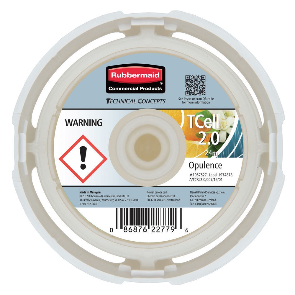 The Rubbermaid Commercial TCell™ 2.0 odor control system refills dispense a consistent level of high quality fragrance for up to 45 days.