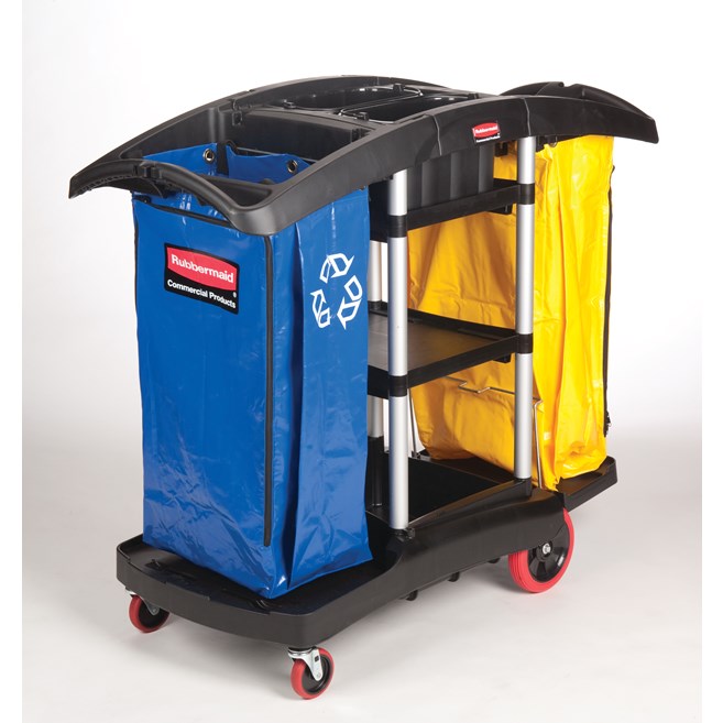 The Rubbermaid Commercial Janitorial Cleaning Cart with two 34-gallon High-Capacity Vinyl Bags provides multi-stream sortation.
