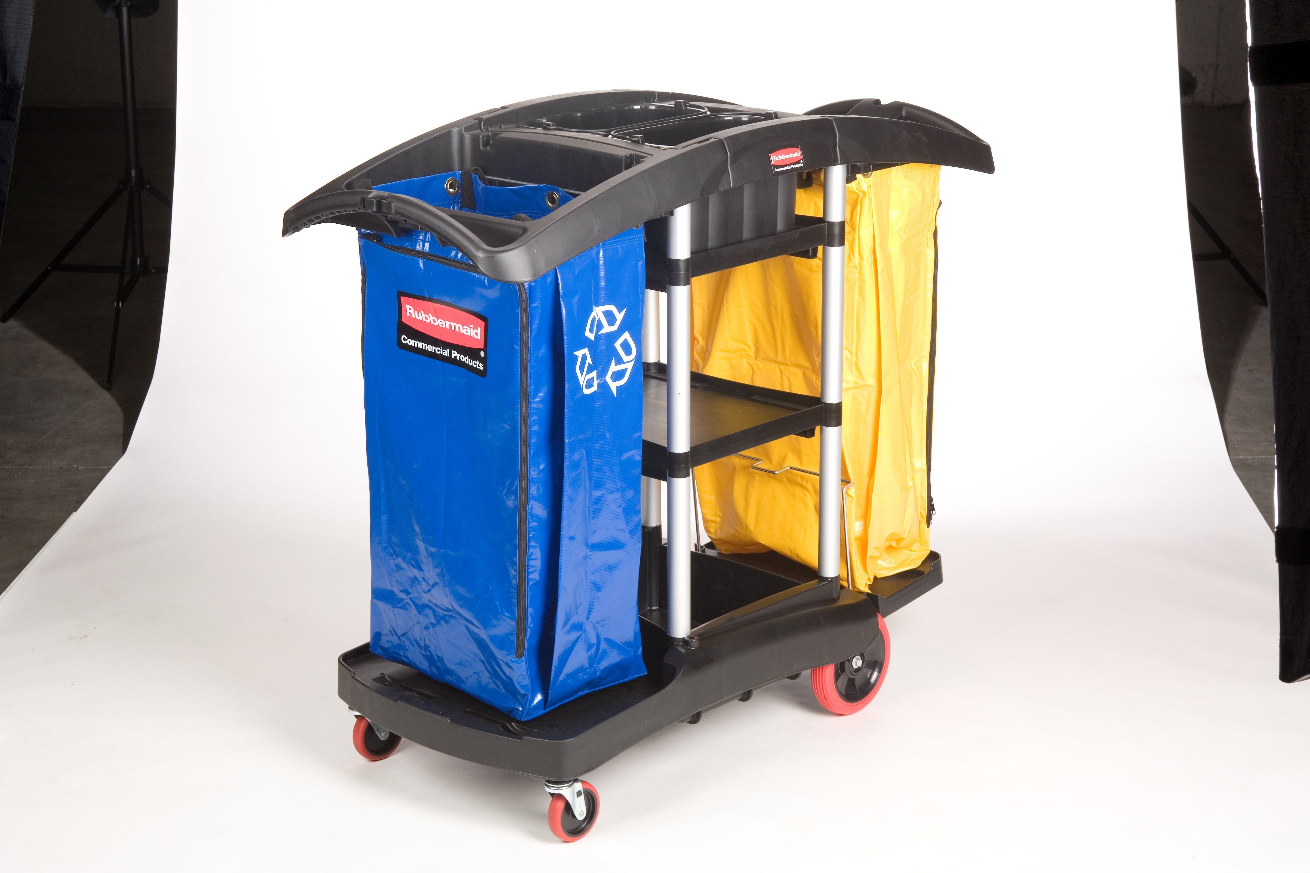 The Rubbermaid Commercial Janitorial Cleaning Cart with two 34-gallon High-Capacity Vinyl Bags provides multi-stream sortation.