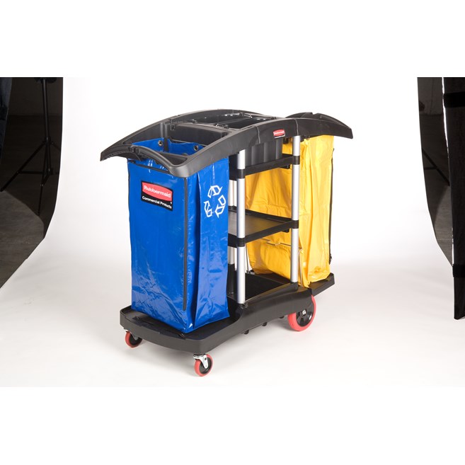 The Rubbermaid Commercial Janitorial Cleaning Cart with two 34-gallon High-Capacity Vinyl Bags provides multi-stream sortation.
