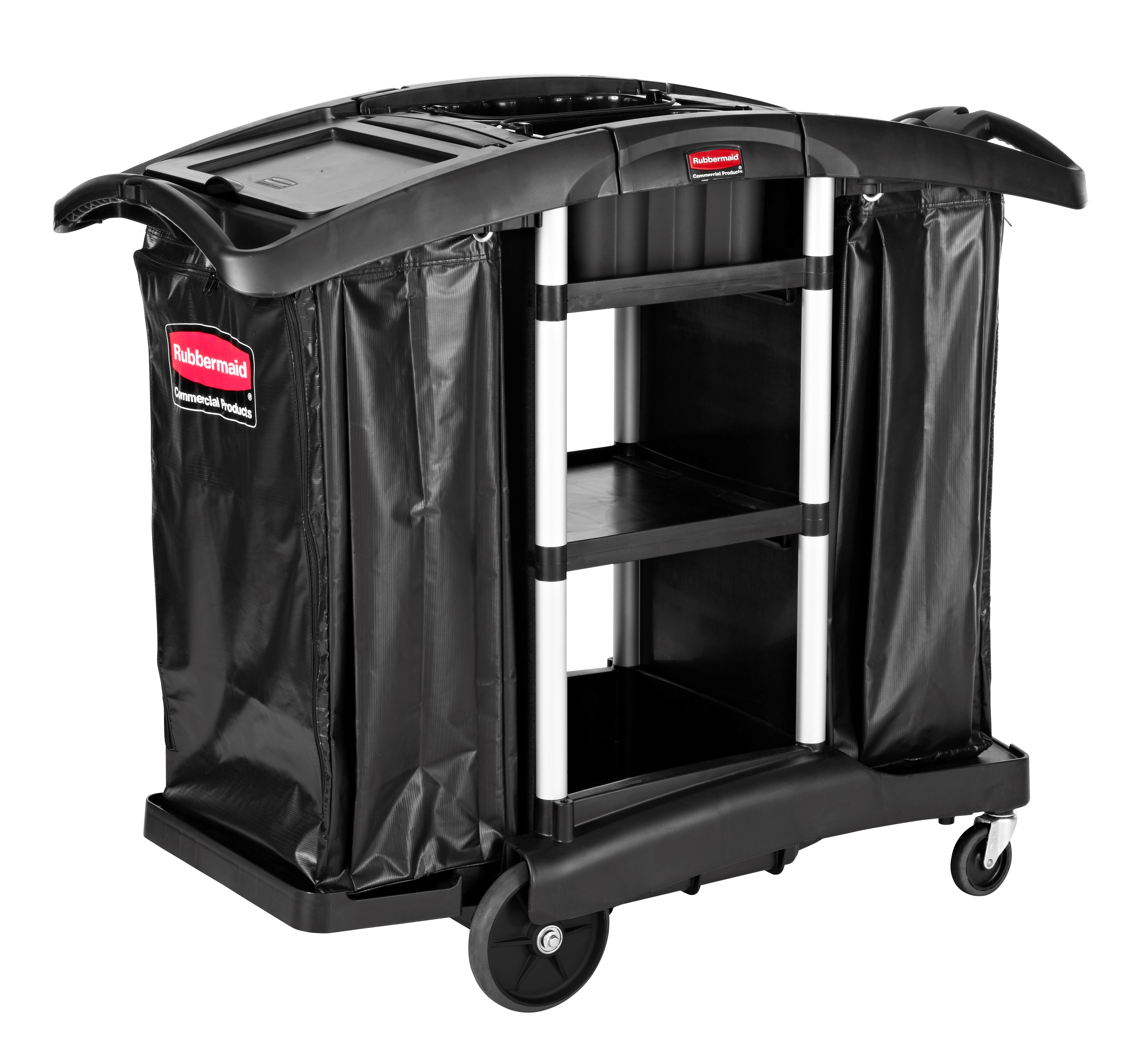 The Rubbermaid Commercial Executive Janitorial Cleaning Cart with two 34-gallon High-Capacity Vinyl Bags, 30-qt. bins, and 10-qt. caddies provides multi-stream collection and discreet organization.