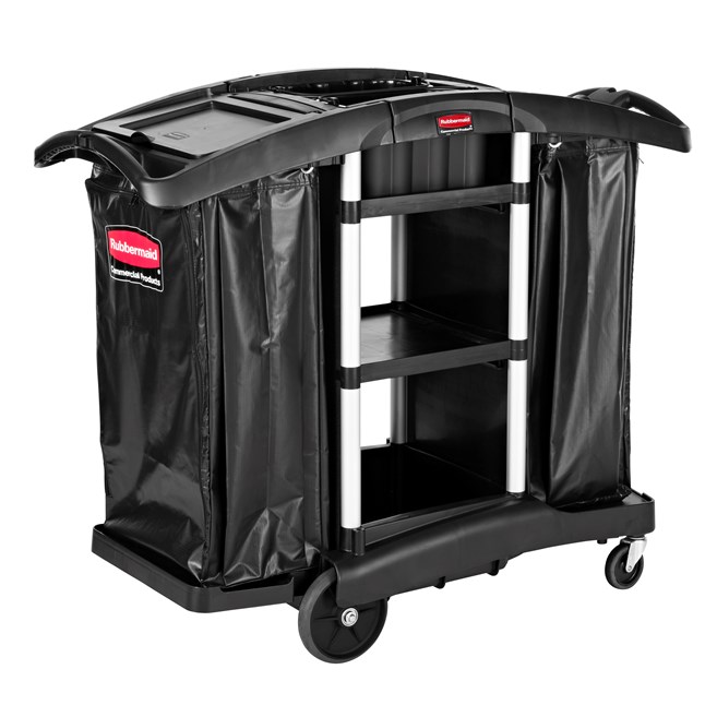 The Rubbermaid Commercial Executive Janitorial Cleaning Cart with two 34-gallon High-Capacity Vinyl Bags, 30-qt. bins, and 10-qt. caddies provides multi-stream collection and discreet organization.