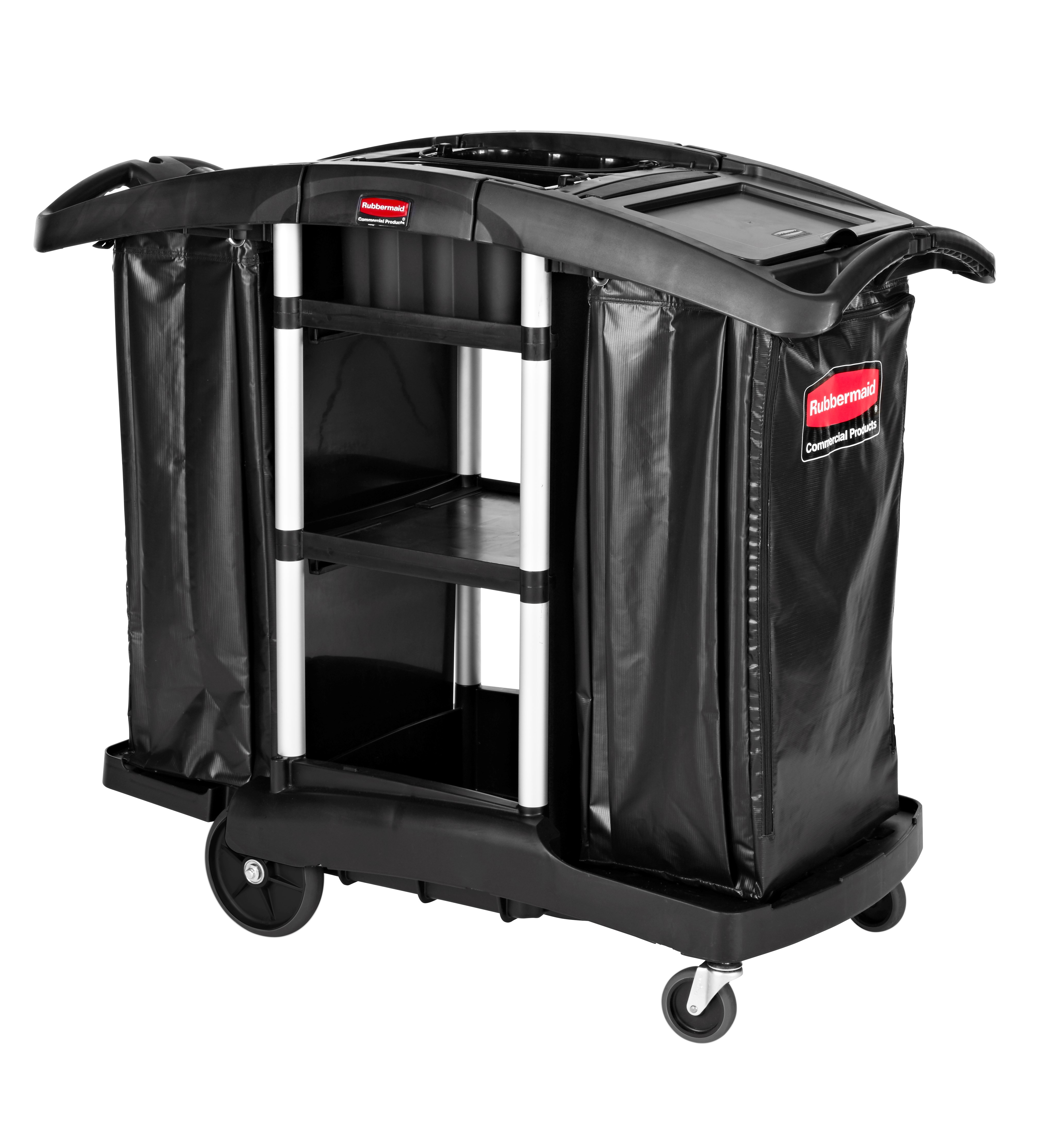 The Rubbermaid Commercial Executive Janitorial Cleaning Cart with two 34-gallon High-Capacity Vinyl Bags, 30-qt. bins, and 10-qt. caddies provides multi-stream collection and discreet organization.
