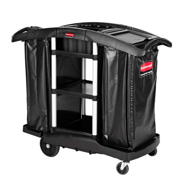 The Rubbermaid Commercial Executive Janitorial Cleaning Cart with two 34-gallon High-Capacity Vinyl Bags, 30-qt. bins, and 10-qt. caddies provides multi-stream collection and discreet organization.