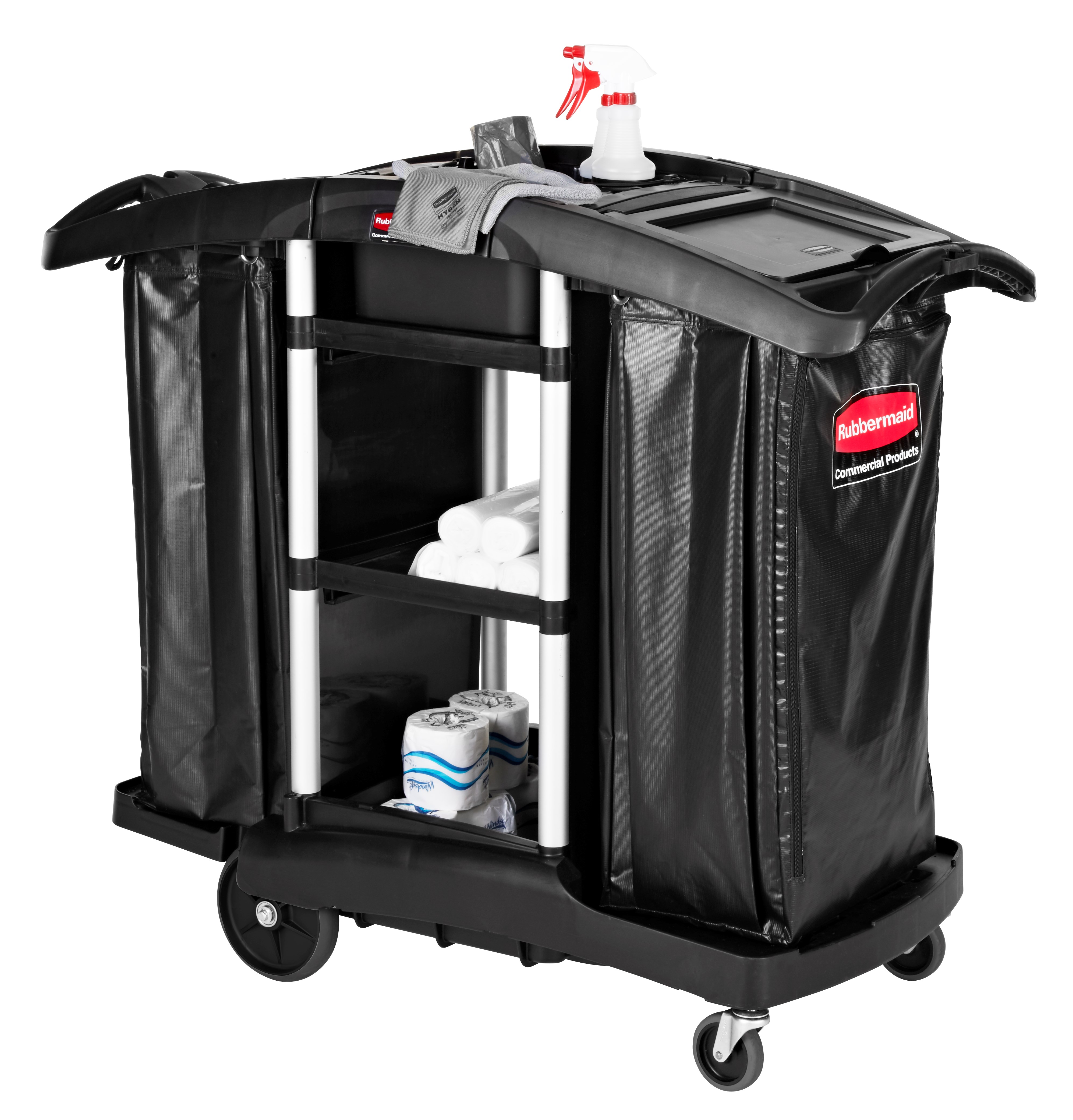 The Rubbermaid Commercial Executive Janitorial Cleaning Cart with two 34-gallon High-Capacity Vinyl Bags, 30-qt. bins, and 10-qt. caddies provides multi-stream collection and discreet organization.
