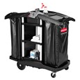 The Rubbermaid Commercial Executive Janitorial Cleaning Cart with two 34-gallon High-Capacity Vinyl Bags, 30-qt. bins, and 10-qt. caddies provides multi-stream collection and discreet organization.