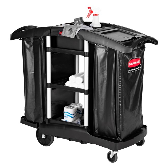 The Rubbermaid Commercial Executive Janitorial Cleaning Cart with two 34-gallon High-Capacity Vinyl Bags, 30-qt. bins, and 10-qt. caddies provides multi-stream collection and discreet organization.
