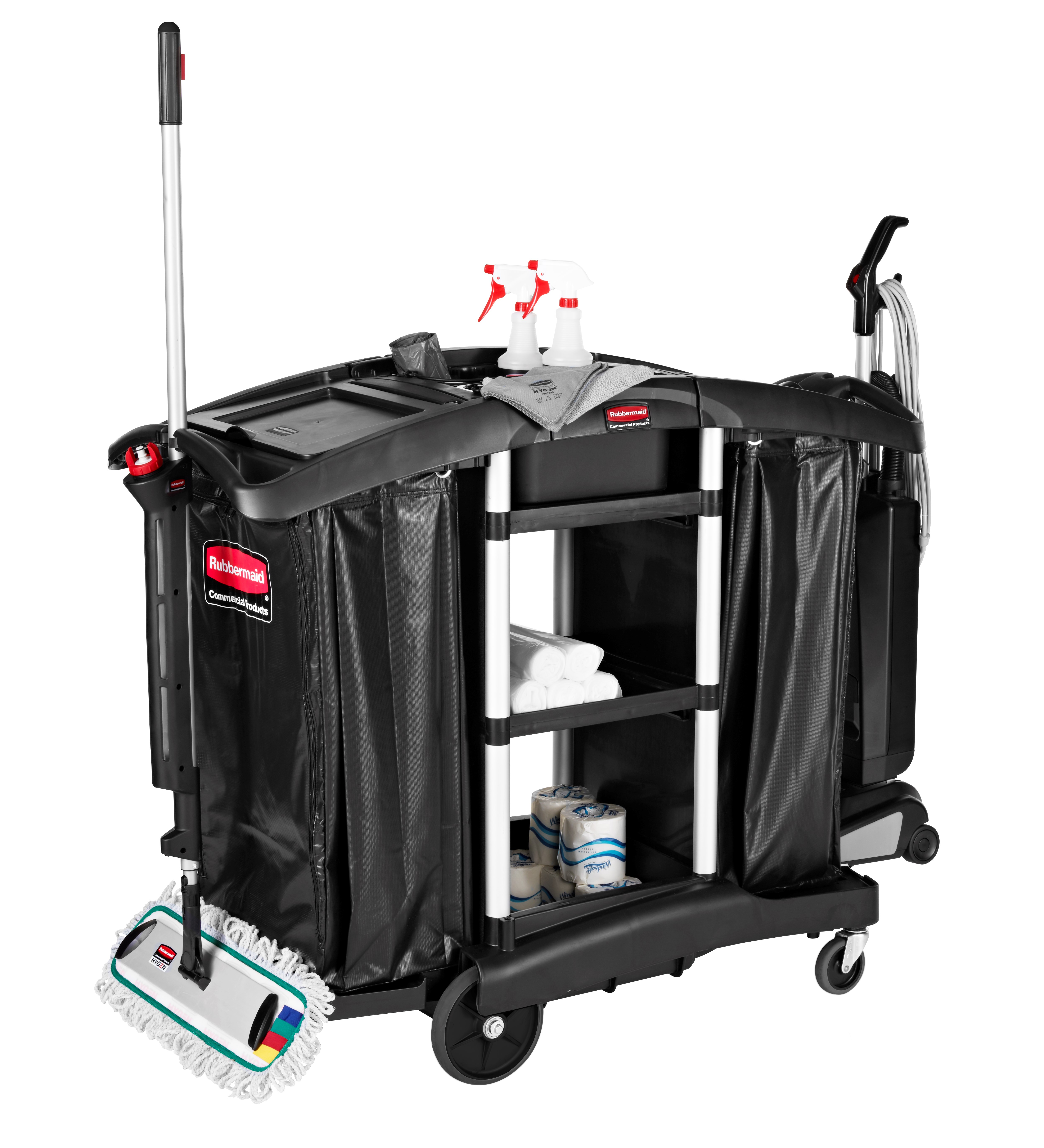 The Rubbermaid Commercial Executive Janitorial Cleaning Cart with two 34-gallon High-Capacity Vinyl Bags, 30-qt. bins, and 10-qt. caddies provides multi-stream collection and discreet organization.