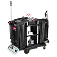 The Rubbermaid Commercial Executive Janitorial Cleaning Cart with two 34-gallon High-Capacity Vinyl Bags, 30-qt. bins, and 10-qt. caddies provides multi-stream collection and discreet organization.