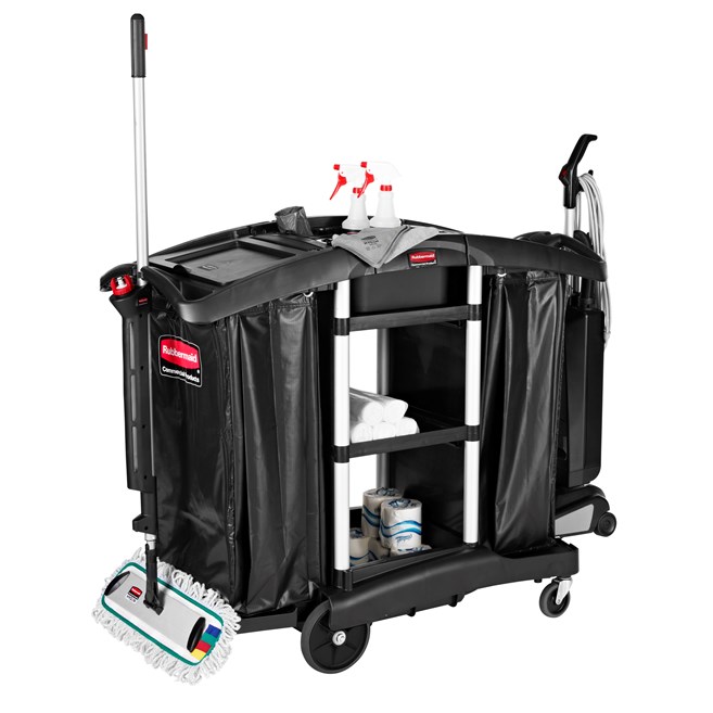 The Rubbermaid Commercial Executive Janitorial Cleaning Cart with two 34-gallon High-Capacity Vinyl Bags, 30-qt. bins, and 10-qt. caddies provides multi-stream collection and discreet organization.