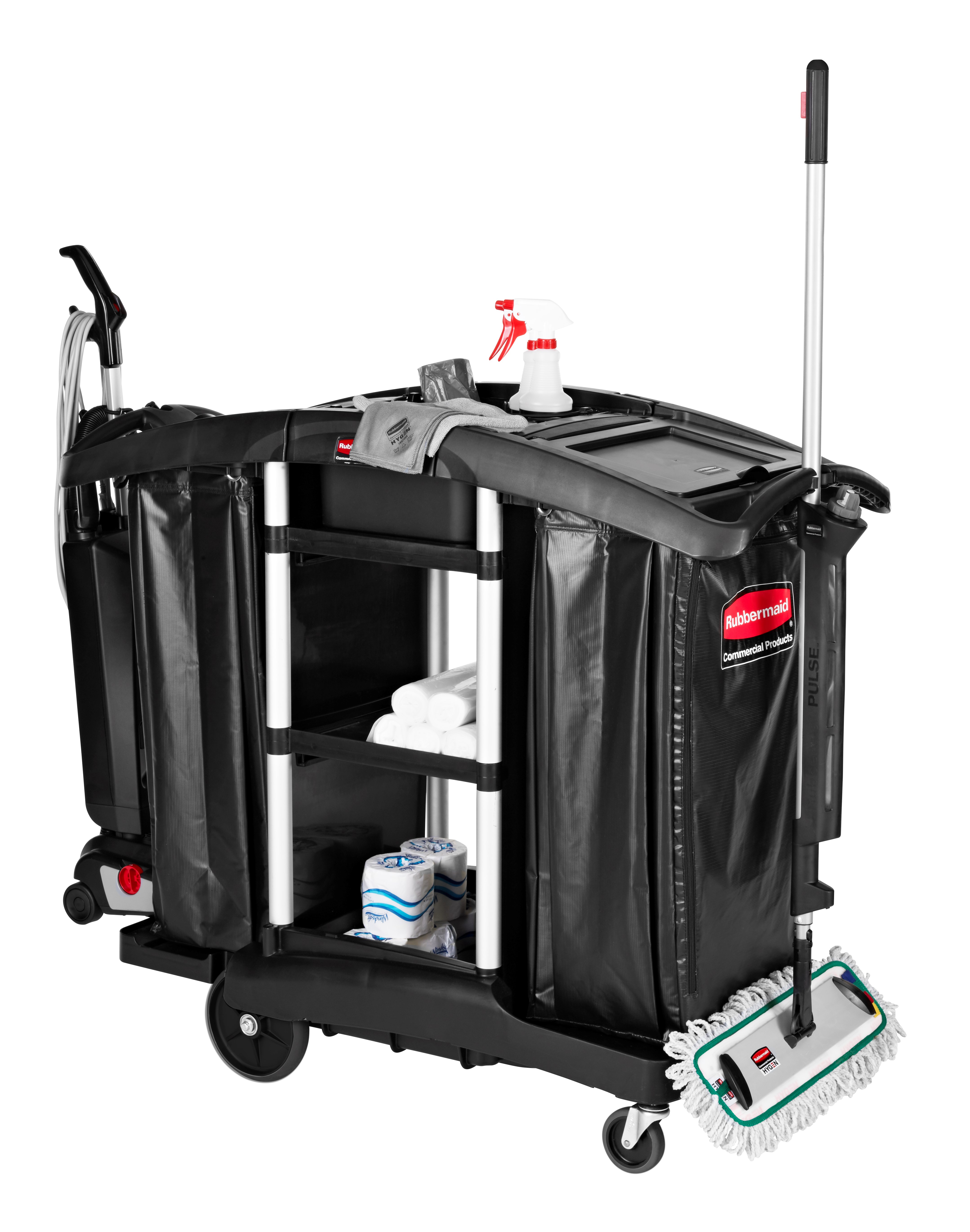 The Rubbermaid Commercial Executive Janitorial Cleaning Cart with two 34-gallon High-Capacity Vinyl Bags, 30-qt. bins, and 10-qt. caddies provides multi-stream collection and discreet organization.