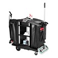The Rubbermaid Commercial Executive Janitorial Cleaning Cart with two 34-gallon High-Capacity Vinyl Bags, 30-qt. bins, and 10-qt. caddies provides multi-stream collection and discreet organization.