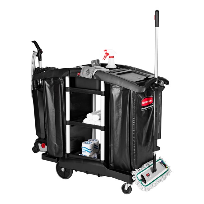 The Rubbermaid Commercial Executive Janitorial Cleaning Cart with two 34-gallon High-Capacity Vinyl Bags, 30-qt. bins, and 10-qt. caddies provides multi-stream collection and discreet organization.