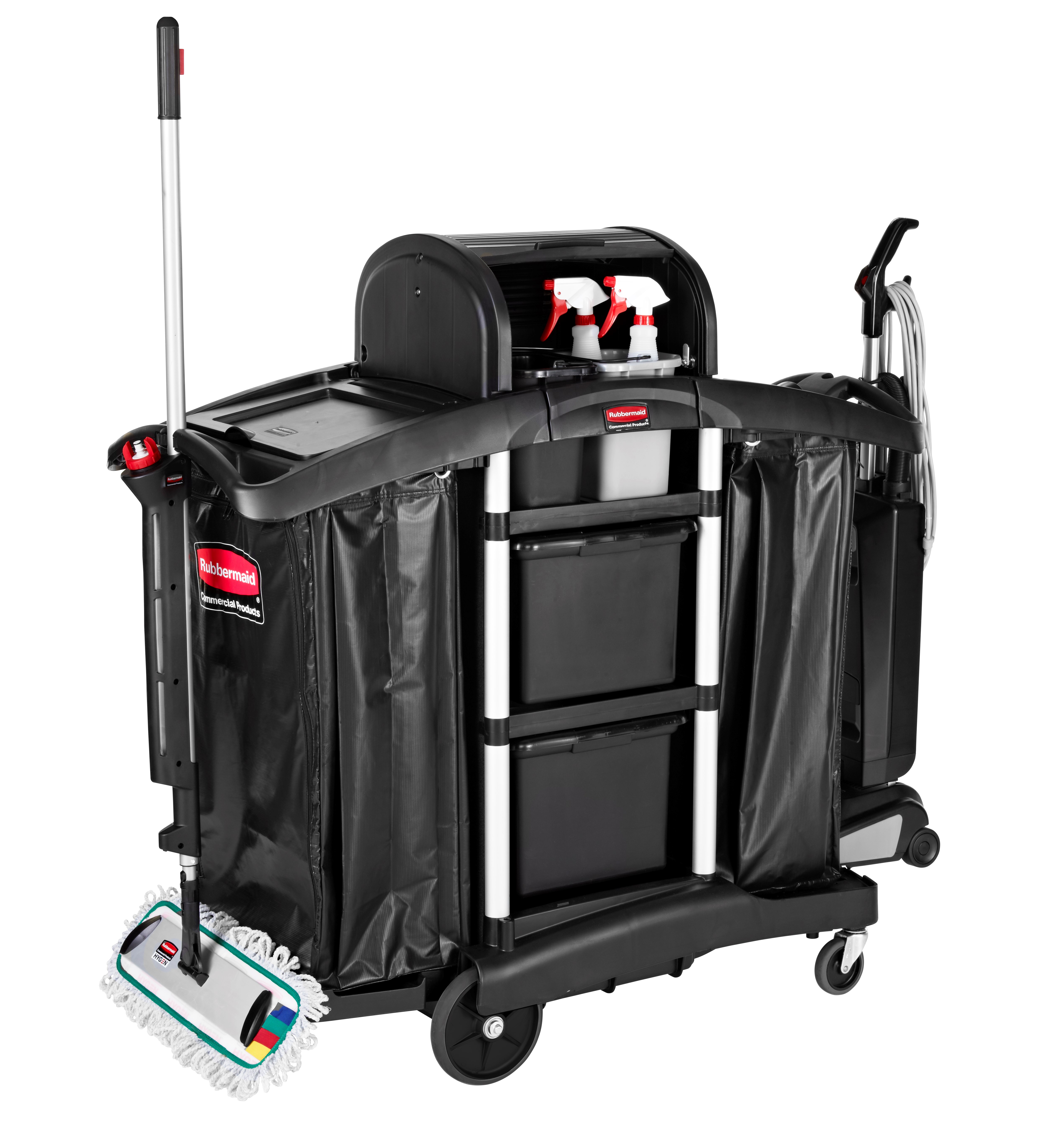The Rubbermaid Commercial Executive Janitorial Cleaning Cart with two 34-gallon High-Capacity Vinyl Bags, 30-qt. bins, and 10-qt. caddies provides multi-stream collection and discreet organization.
