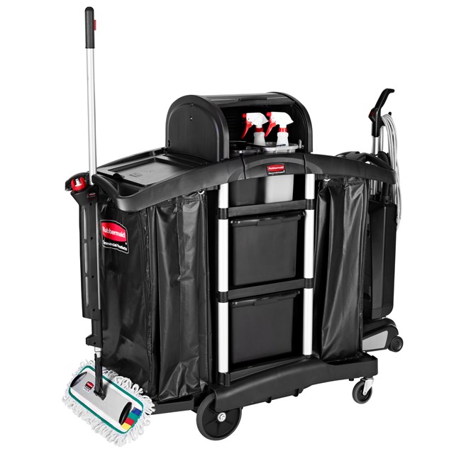 The Rubbermaid Commercial Executive Janitorial Cleaning Cart with two 34-gallon High-Capacity Vinyl Bags, 30-qt. bins, and 10-qt. caddies provides multi-stream collection and discreet organization.