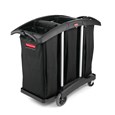 The Rubbermaid Commercial Janitorial Cleaning Cart with triple waste capacity provides location for three 34-gallon High-Capacity Vinyl Bags provides multi-stream sortation.