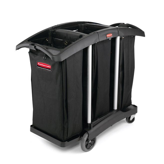 The Rubbermaid Commercial Janitorial Cleaning Cart with triple waste capacity provides location for three 34-gallon High-Capacity Vinyl Bags provides multi-stream sortation.
