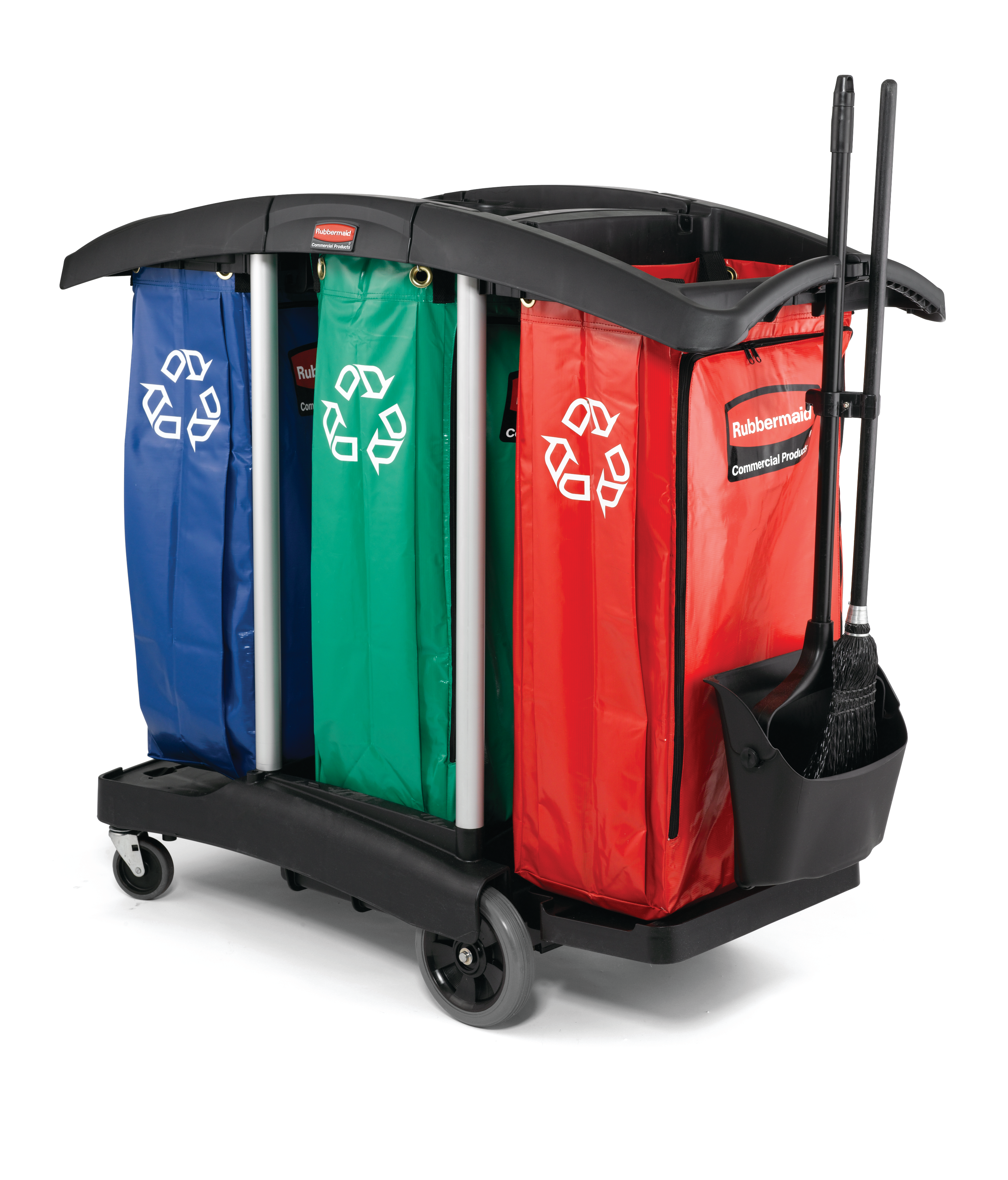 The Rubbermaid Commercial Janitorial Cleaning Cart with triple waste capacity provides location for three 129 l High-Capacity Vinyl Bags provides multi-stream sortation.