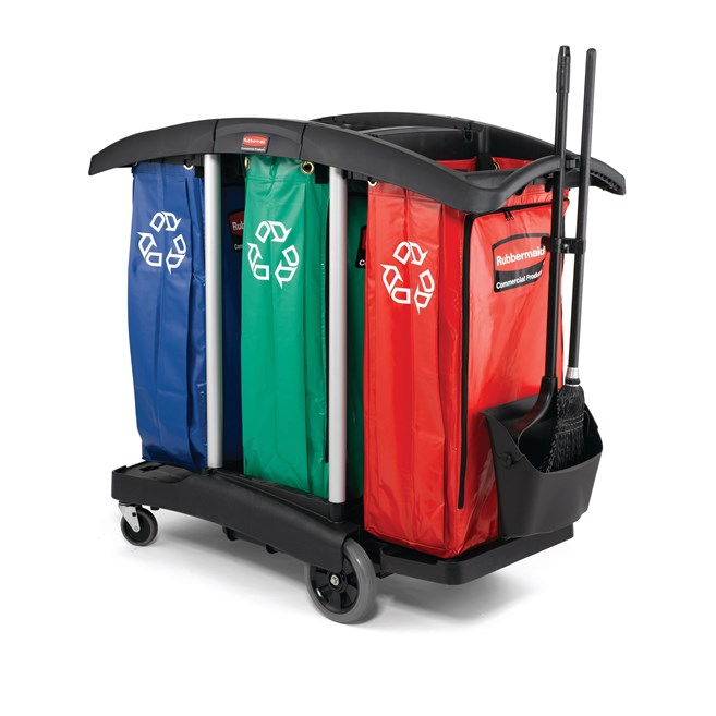 The Rubbermaid Commercial Janitorial Cleaning Cart with triple waste capacity provides location for three 34-gallon High-Capacity Vinyl Bags provides multi-stream sortation.