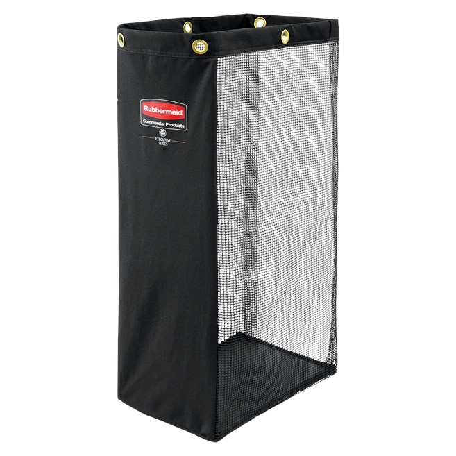 The Rubbermaid Commercial Side-Load Mesh Linen bag for housekeeping carts increases capacity for clean linens without the need for a larger cart.