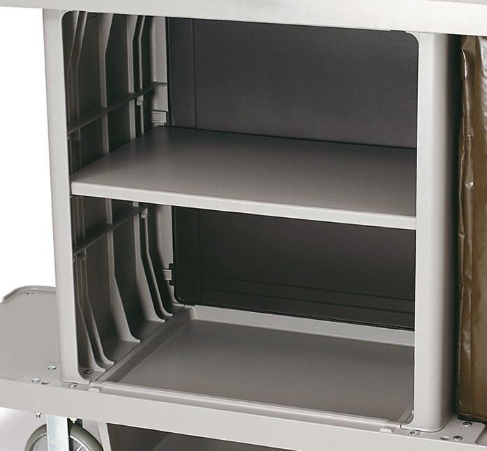 The Adjustable Shelf Kit for Traditional Housekeeping Carts provides users with flexible organization to meet their cleaning needs.