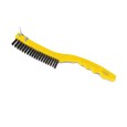 This brush has steel wire bristles. Long plastic handle. Includes a scraper for those needing extra cleaning power. 14-inch length, 3-inch by 19-inch bristle pattern.