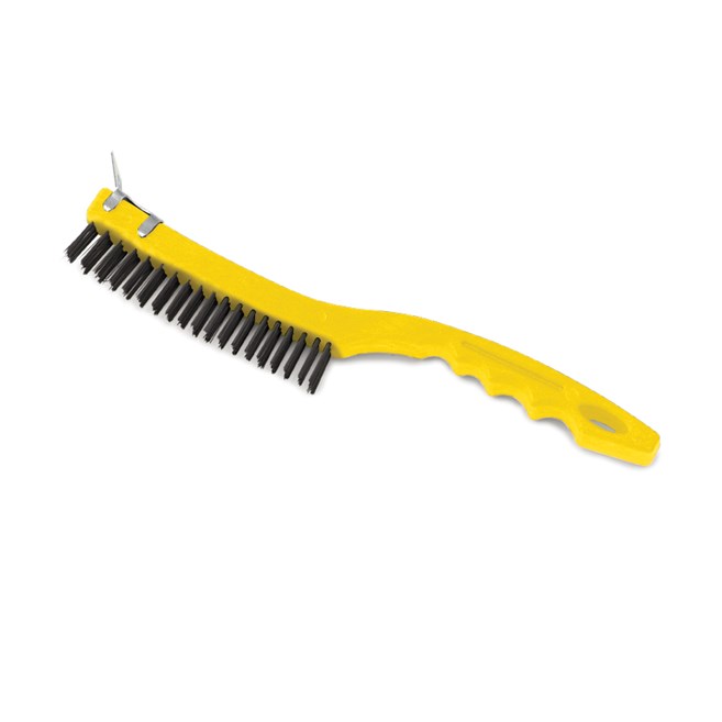 This brush has steel wire bristles. Long plastic handle. Includes a scraper for those needing extra cleaning power. 14-inch length, 3-inch by 19-inch bristle pattern.