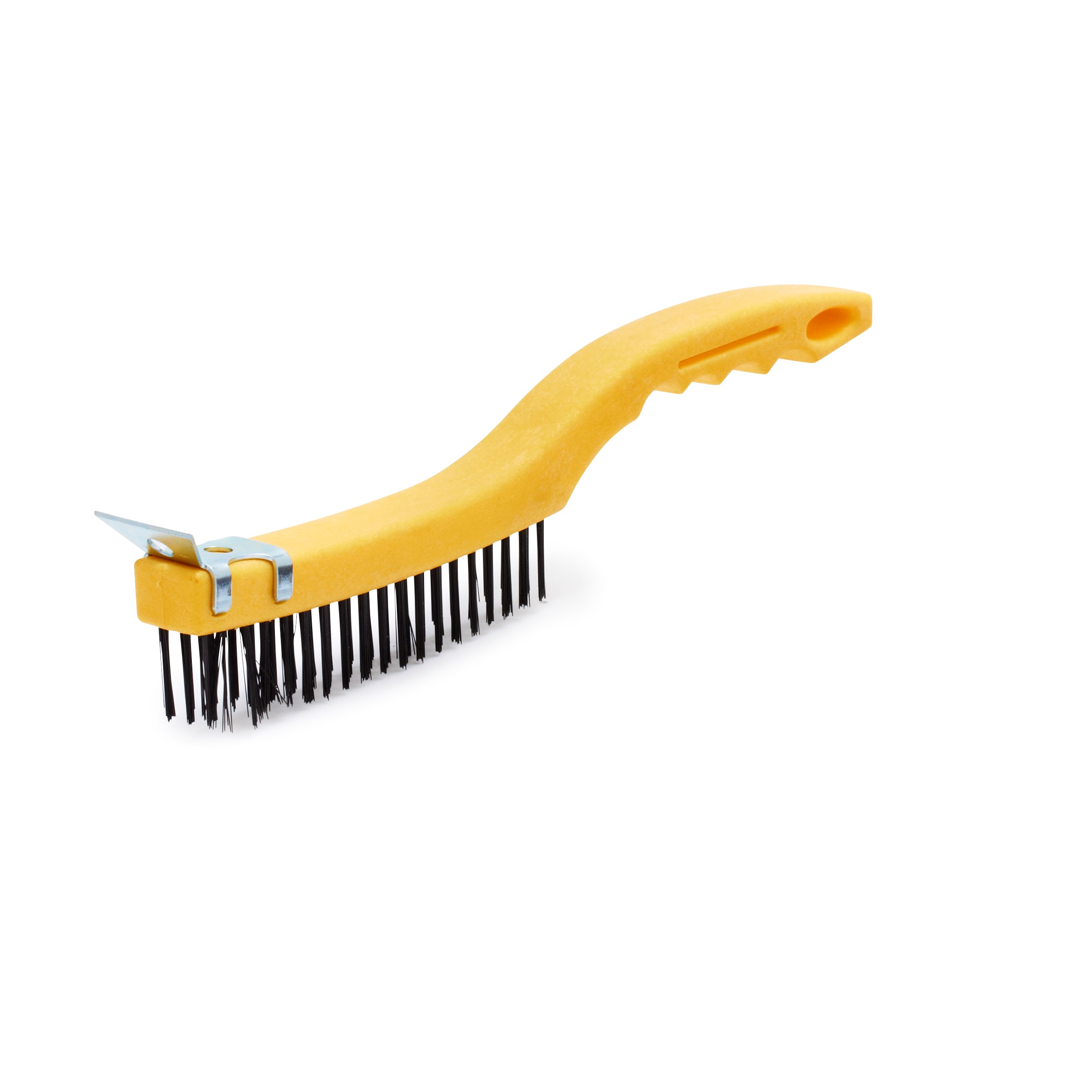 This brush has steel wire bristles. Long plastic handle. Includes a scraper for those needing extra cleaning power. 14-inch length, 3-inch by 19-inch bristle pattern.