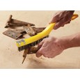 This brush has steel wire bristles. Long plastic handle. Includes a scraper for those needing extra cleaning power. 14-inch length, 3-inch by 19-inch bristle pattern.