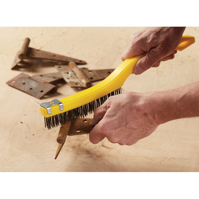 This brush has steel wire bristles. Long plastic handle. Includes a scraper for those needing extra cleaning power. 14-inch length, 3-inch by 19-inch bristle pattern.