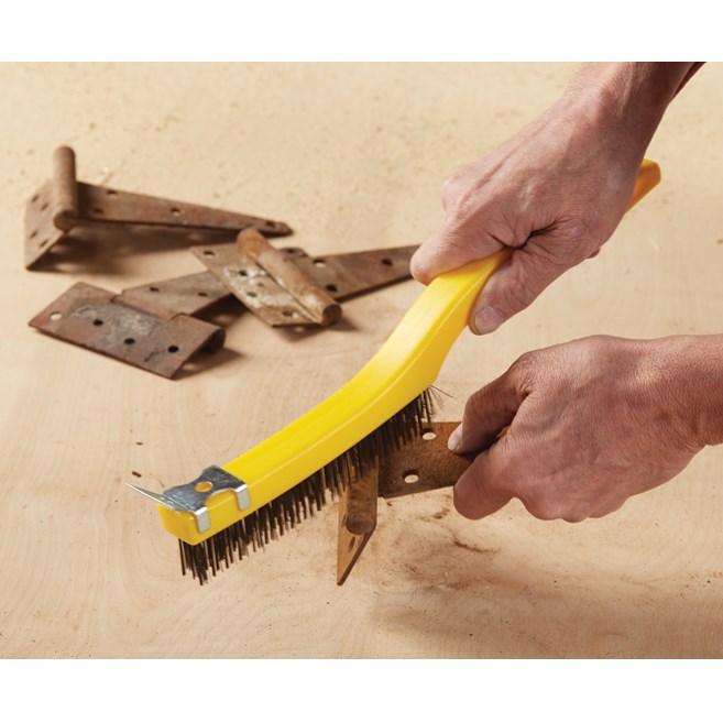 This brush has steel wire bristles. Long plastic handle. Includes a scraper for those needing extra cleaning power. 14-inch length, 3-inch by 19-inch bristle pattern.