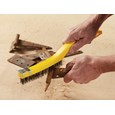 This brush has steel wire bristles. Long plastic handle. Includes a scraper for those needing extra cleaning power. 14-inch length, 3-inch by 19-inch bristle pattern.