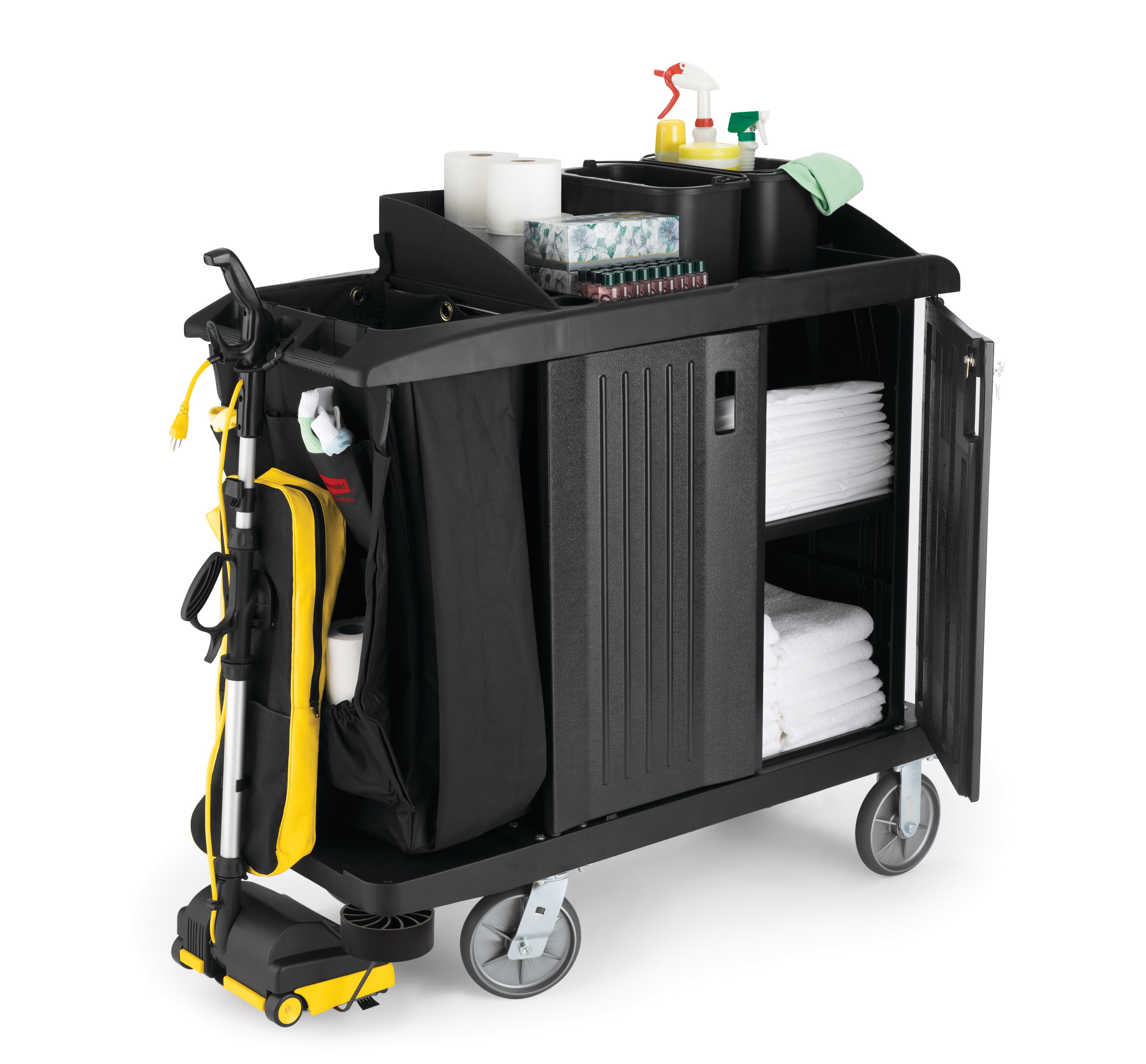 The Executive Compact Housekeeping Cart is a complete system solution for housekeeping. Adjustable storage options easily accommodate specific cleaning supply needs and provide flexibility.