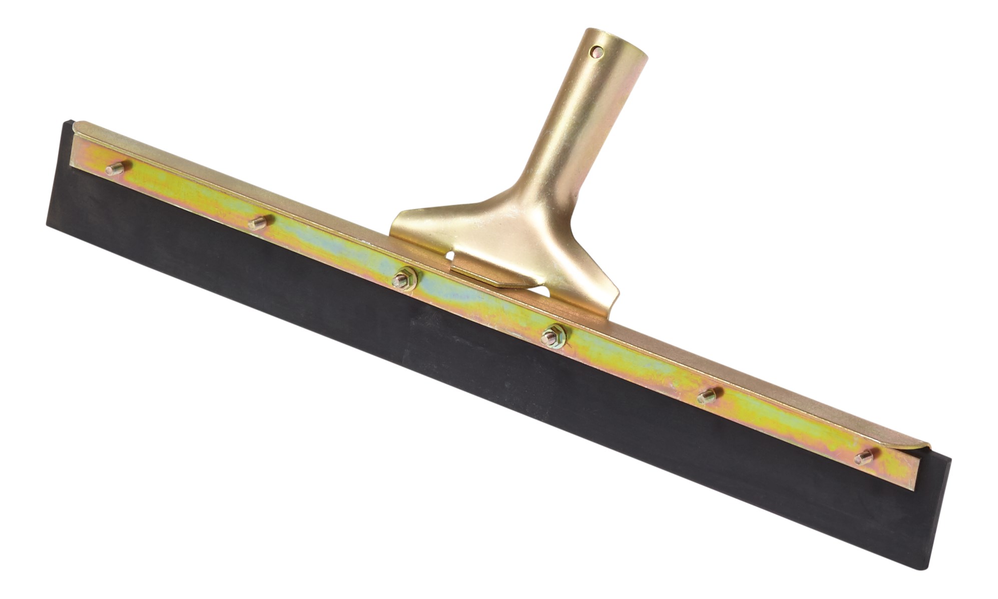 This straight floor squeegee features a single hard rubber blade that will not leave marks. Most suited for smoother surfaces to move liquid and debris. The blade fits standard tapered handles. 18” long.