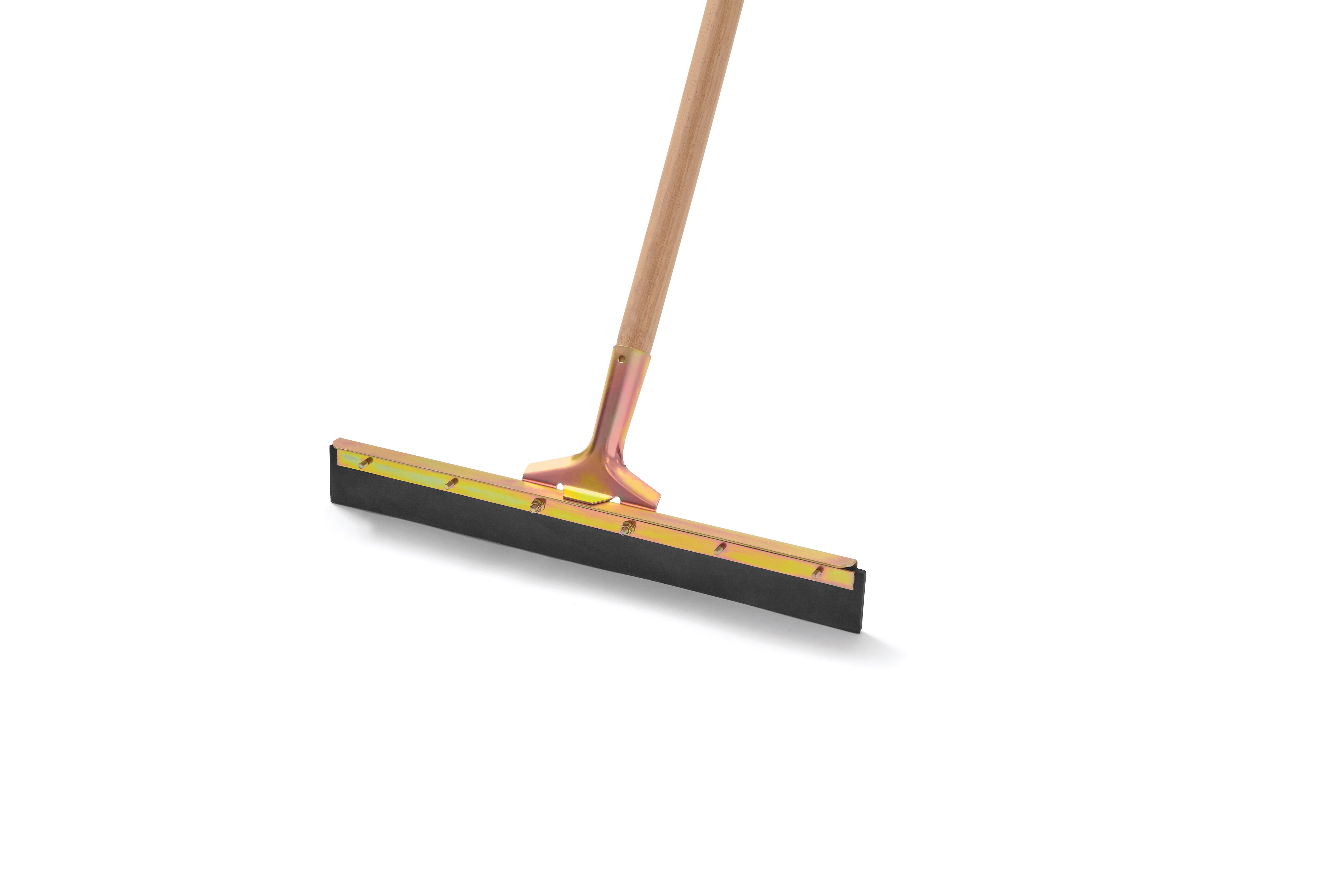 This straight floor squeegee features a single hard rubber blade that will not leave marks. Most suited for smoother surfaces to move liquid and debris. The blade fits standard tapered handles. 18” long.