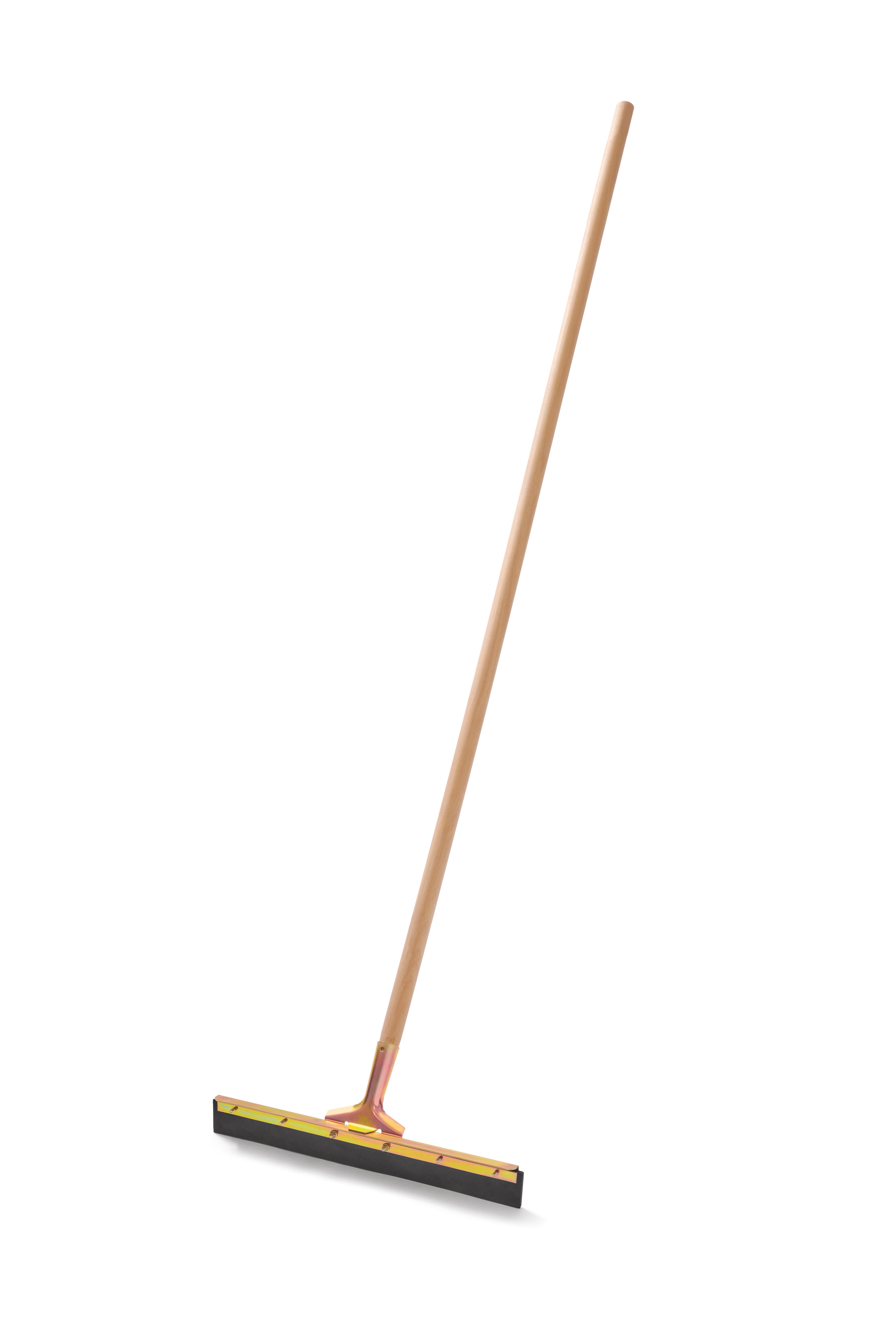 This straight floor squeegee features a single hard rubber blade that will not leave marks. Most suited for smoother surfaces to move liquid and debris. The blade fits standard tapered handles. 18” long.