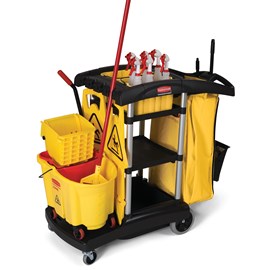The High-Capacity Janitorial Cleaning Cart offers 40% more space than traditional cleaning carts to save time retrieving supplies.