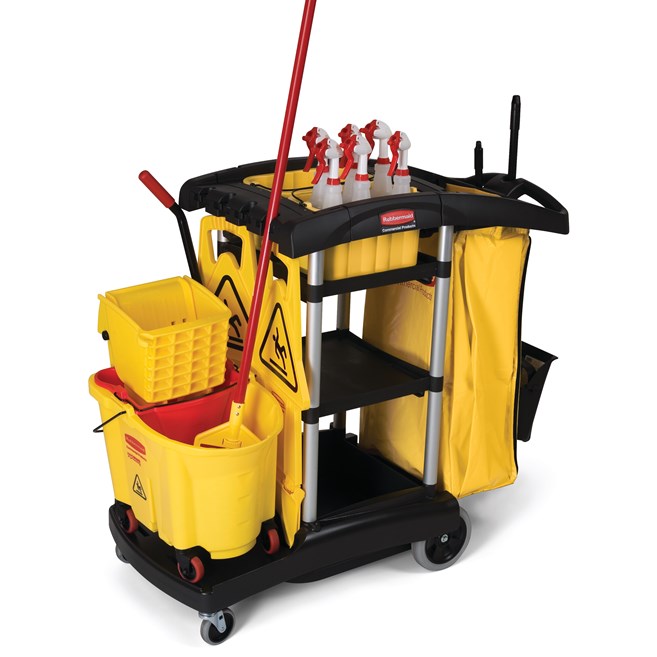 The High-Capacity Janitorial Cleaning Cart offers 40% more space than traditional cleaning carts to save time retrieving supplies.