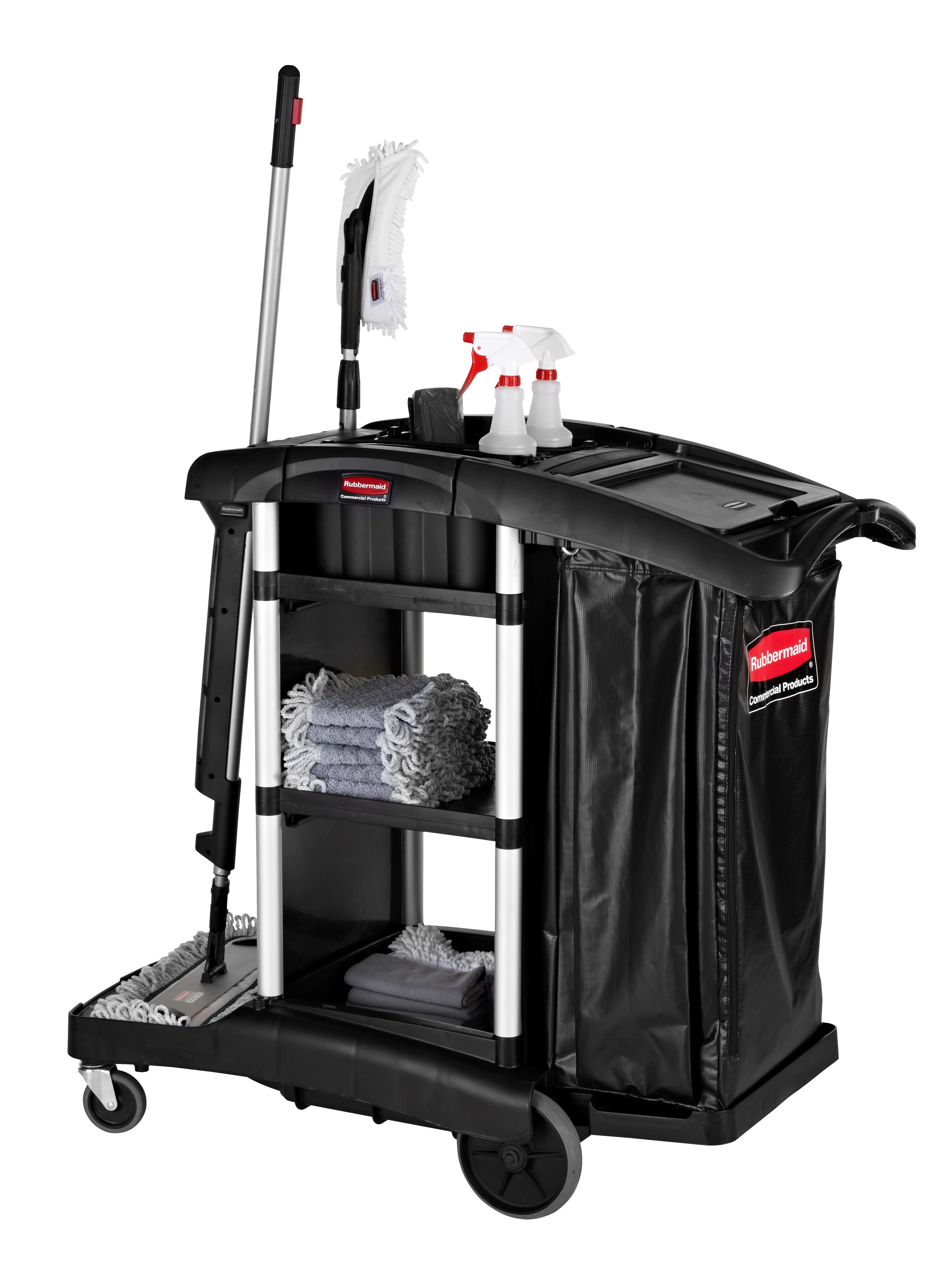 The Rubbermaid Commercial Executive Janitorial Cleaning Cart - High-Capacity is a discreet and customizable solution with room for additional add-ons and accessories to meet your needs.