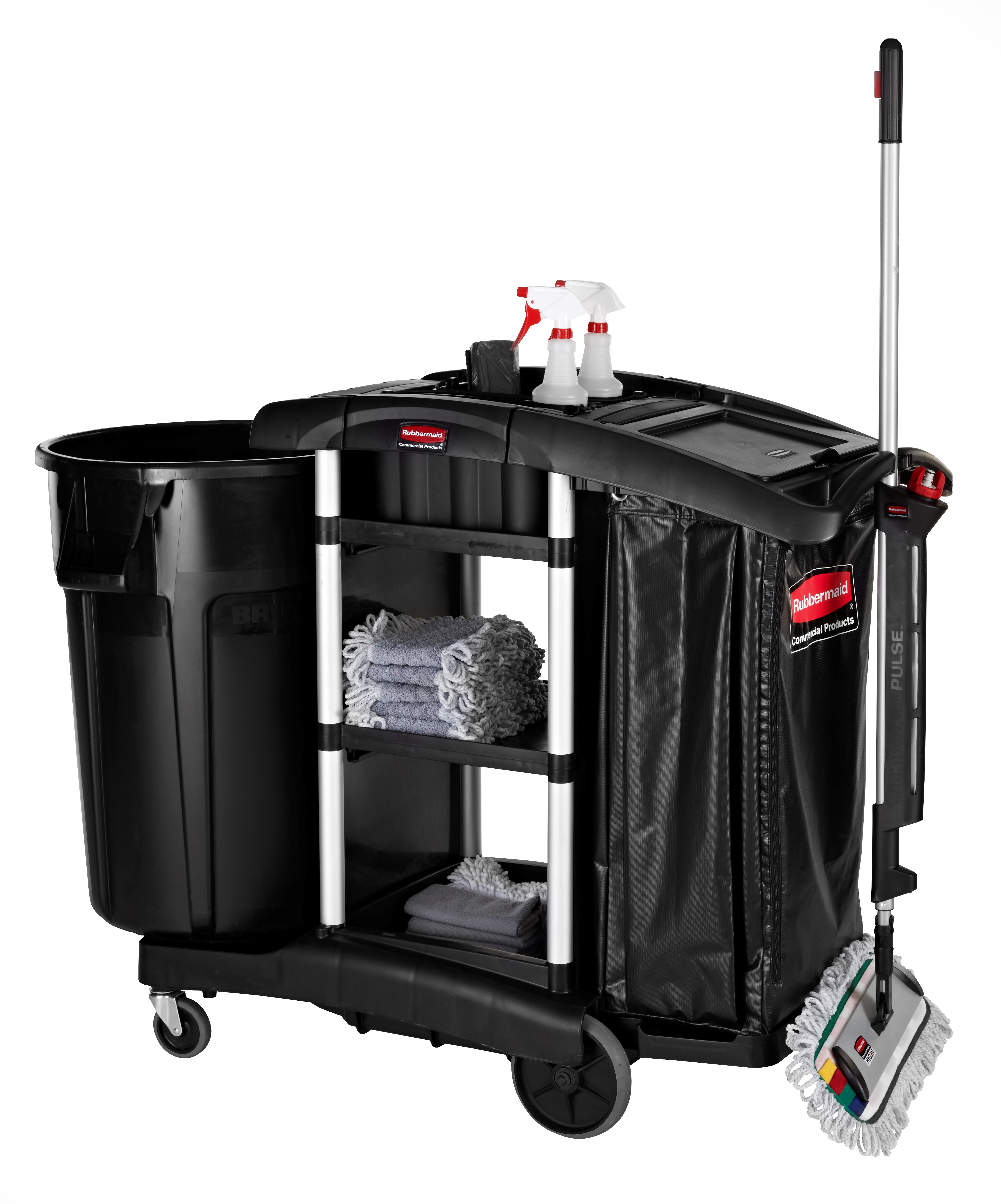 The Rubbermaid Commercial Executive Janitorial Cleaning Cart - High-Capacity is a discreet and customizable solution with room for additional add-ons and accessories to meet your needs.