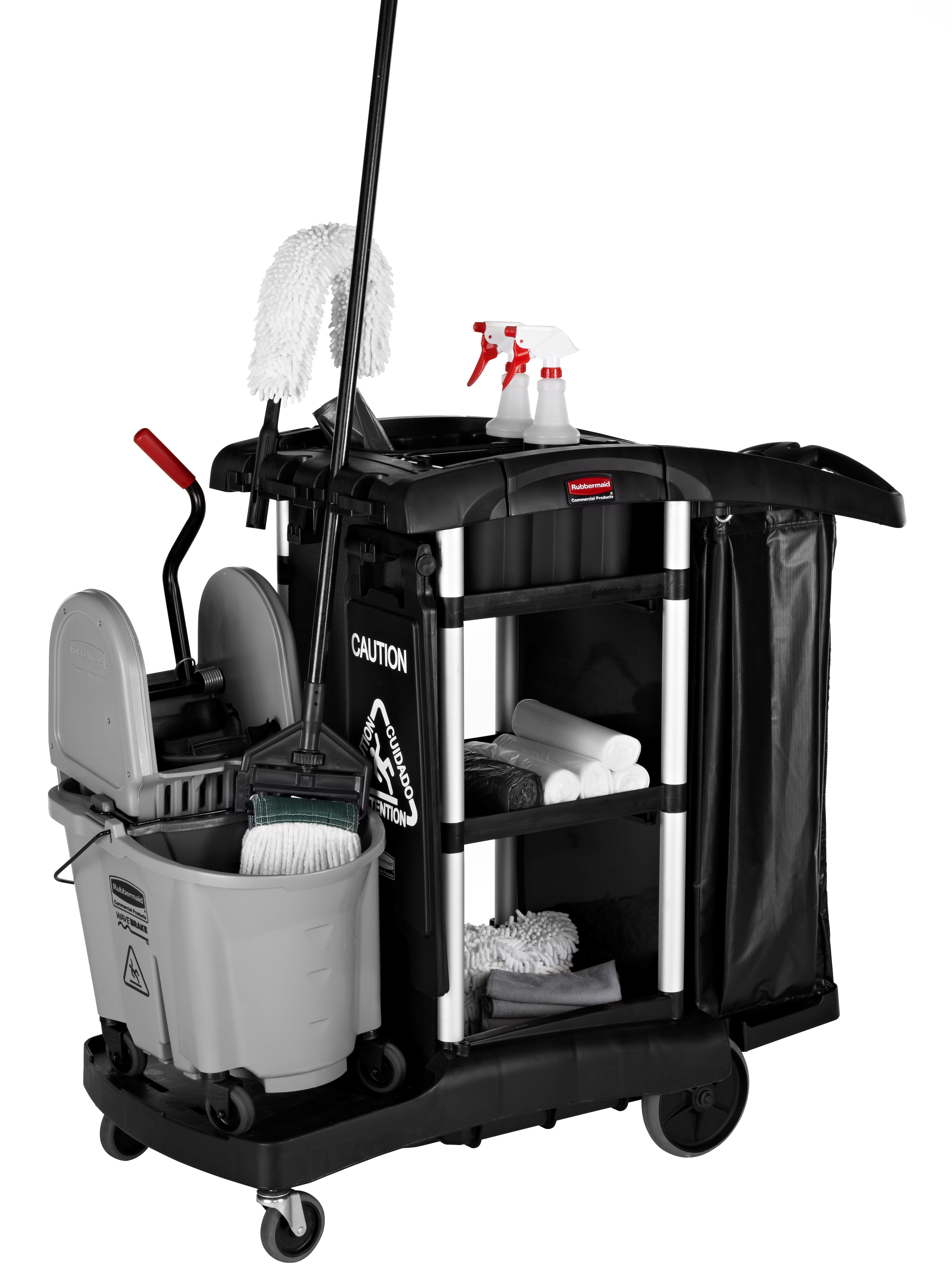 The Rubbermaid Commercial Executive Janitorial Cleaning Cart - High-Capacity is a discreet and customizable solution with room for additional add-ons and accessories to meet your needs.