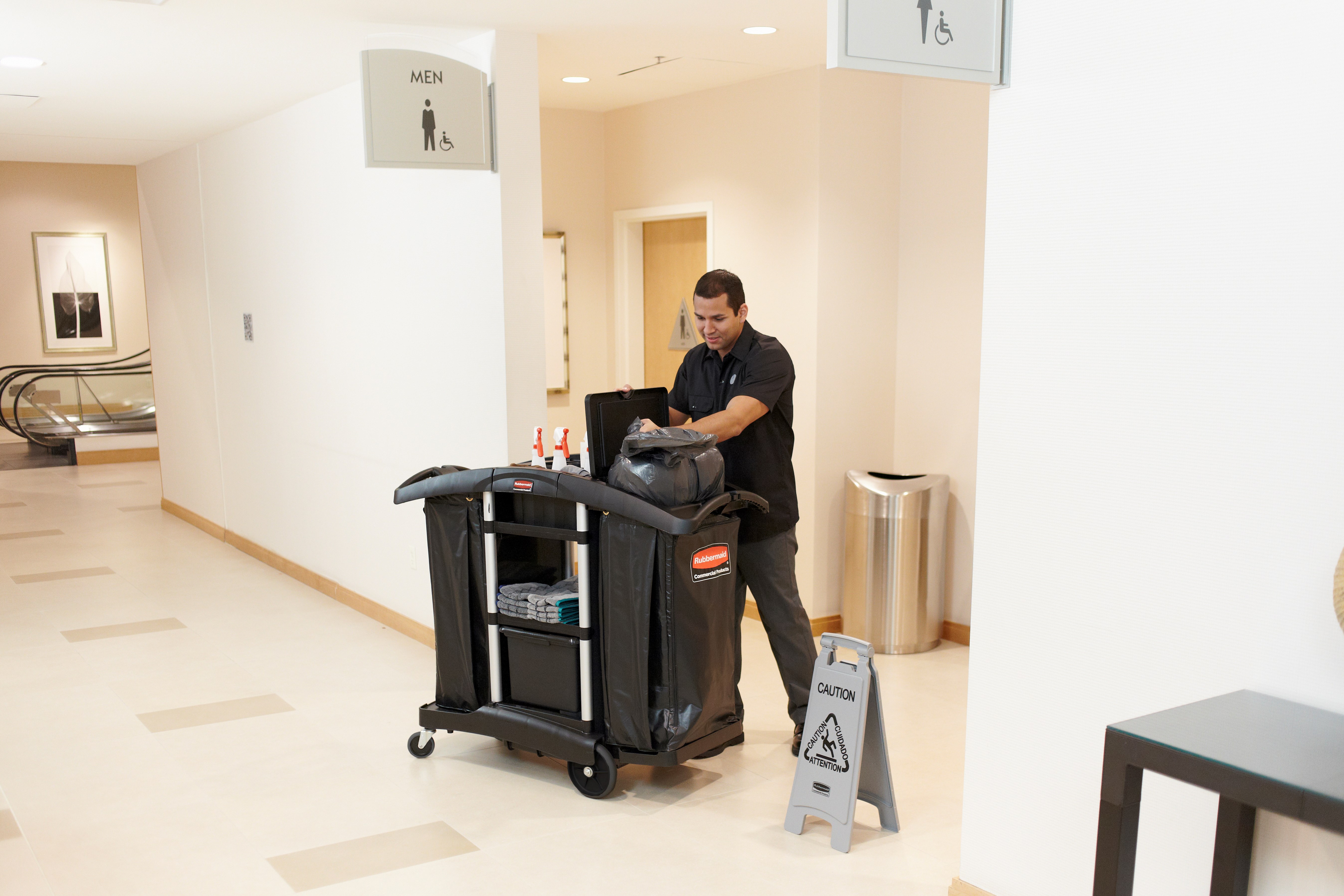 The Rubbermaid Commercial Executive Janitorial Cleaning Cart - High-Capacity is a discreet and customizable solution with room for additional add-ons and accessories to meet your needs.