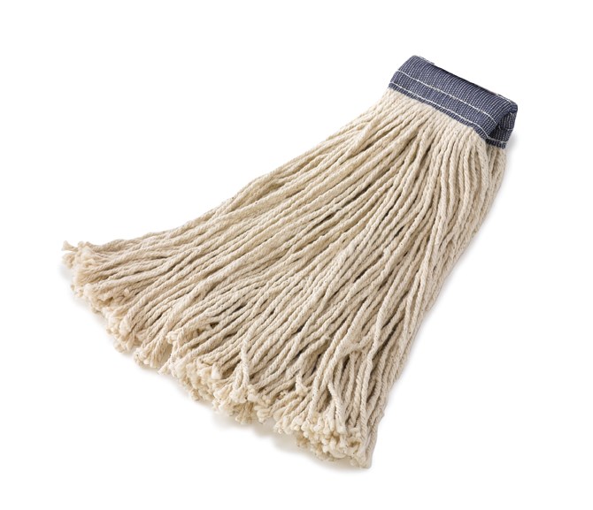 The Rubbermaid Commercial Cut-End Cotton Mop features four-ply post-industrial cotton-yarn.
